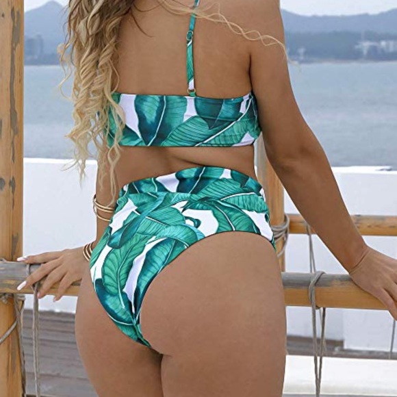 Green Jungle Palm Leaf High Waisted Swimsuit - Picture 2 of 2